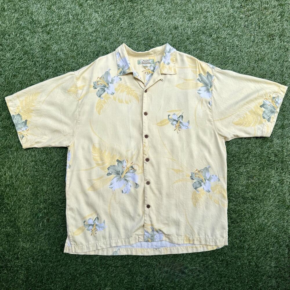 Tommy Bahama 100% Silk Hawaiian Camp Shirt XL Yellow Green Hibiscus Floral Aloha